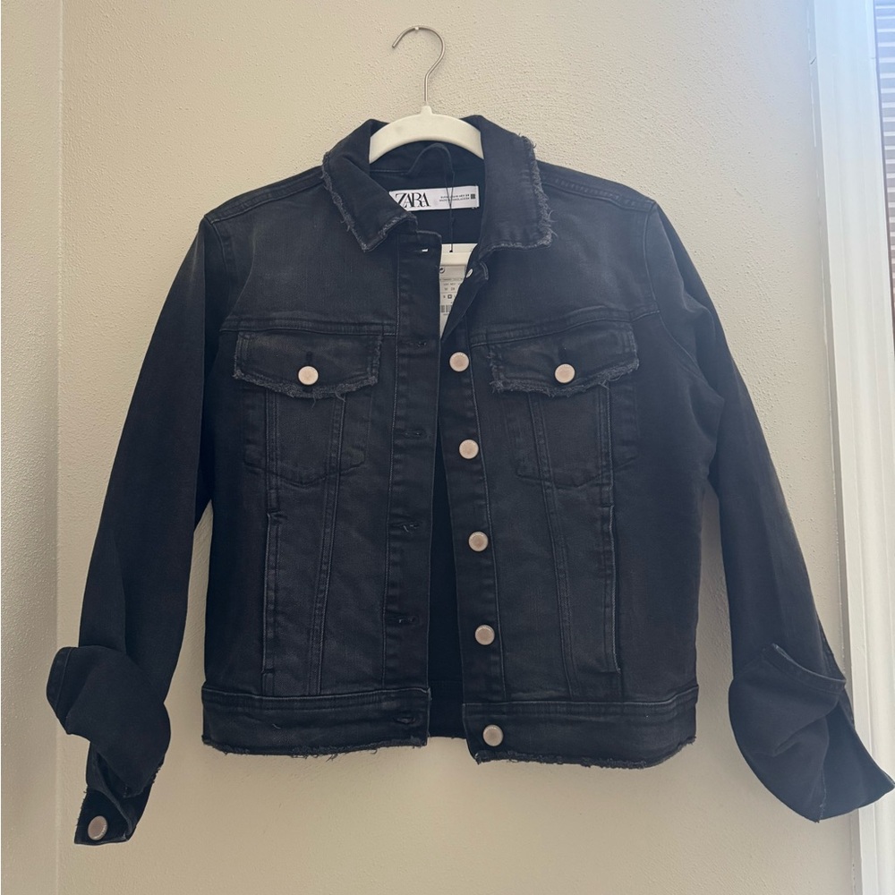 NWT Zara black distressed denim jacket